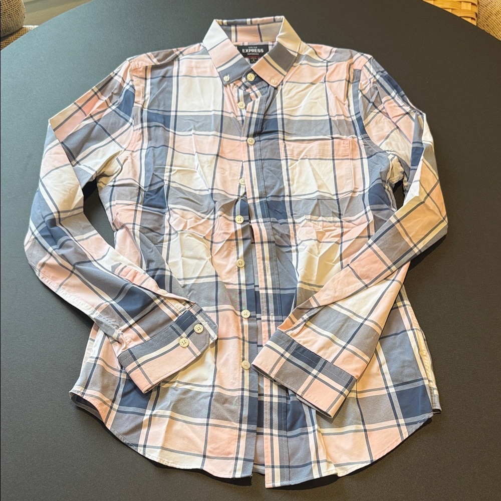 Express Men’s Pink & Blue Plaid Button-Down Shirt